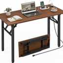 XBurmo Small Folding Desk Folding Table, No Assembly Foldable Desk Gaming Desk, 43.3-Inch Computer Table Workstation with 2 AC Outlets and 2 USB Ports for Bedroom and Home Office, Dark Walnut, 43.3 x 19.6 Inch