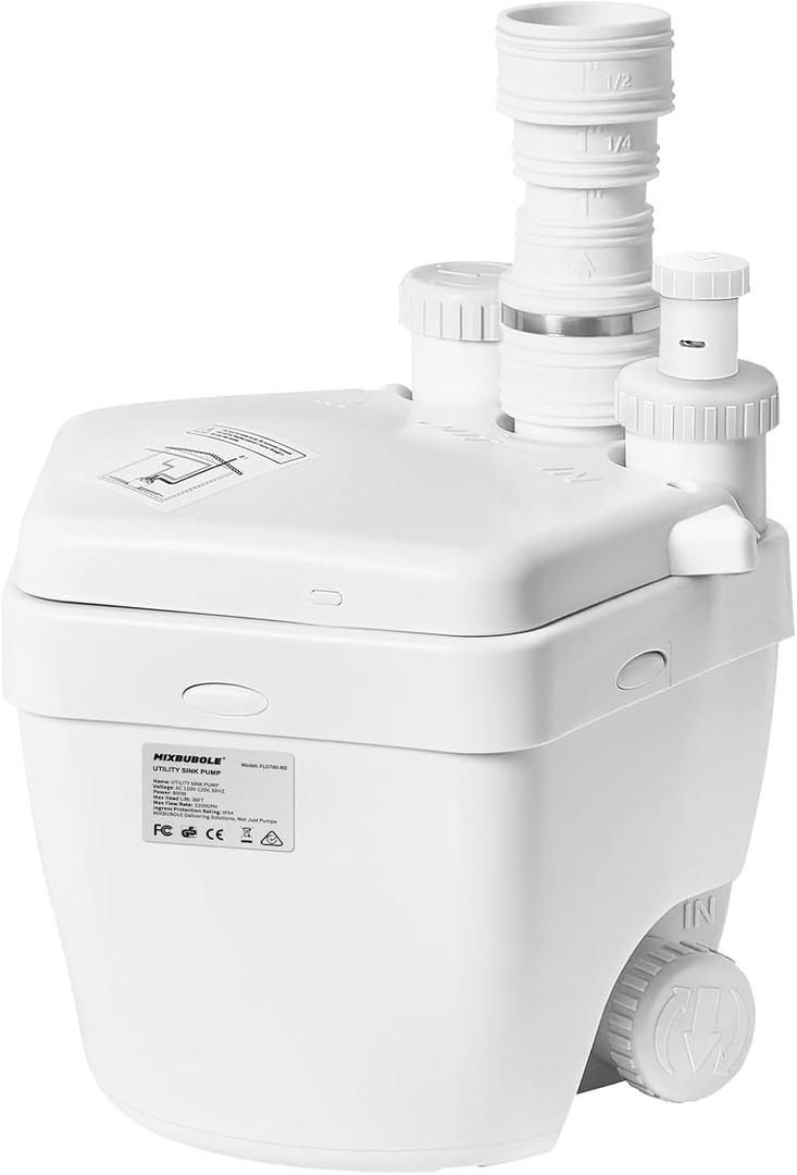 Upgraded 1 HP Utility Sink Pump with PCB Function Upflush to 36FT 2200GPH Under Sink Pump with 3 Water Inlets 1 Outlets Macerating Toilet System for Sink Shower Wash Bin Urinal Kitchen Basement