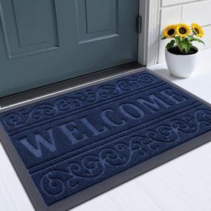 OLANLY Welcome Door Mat Indoor Outdoor Entrance, Heavy Duty Sturdy Front Door Mat, Waterproof All-Weather Doormat, Stain Resistant, Low Profile, Easy Clean Patio Entryway Mat, 29.5 x 17, Navy Blue