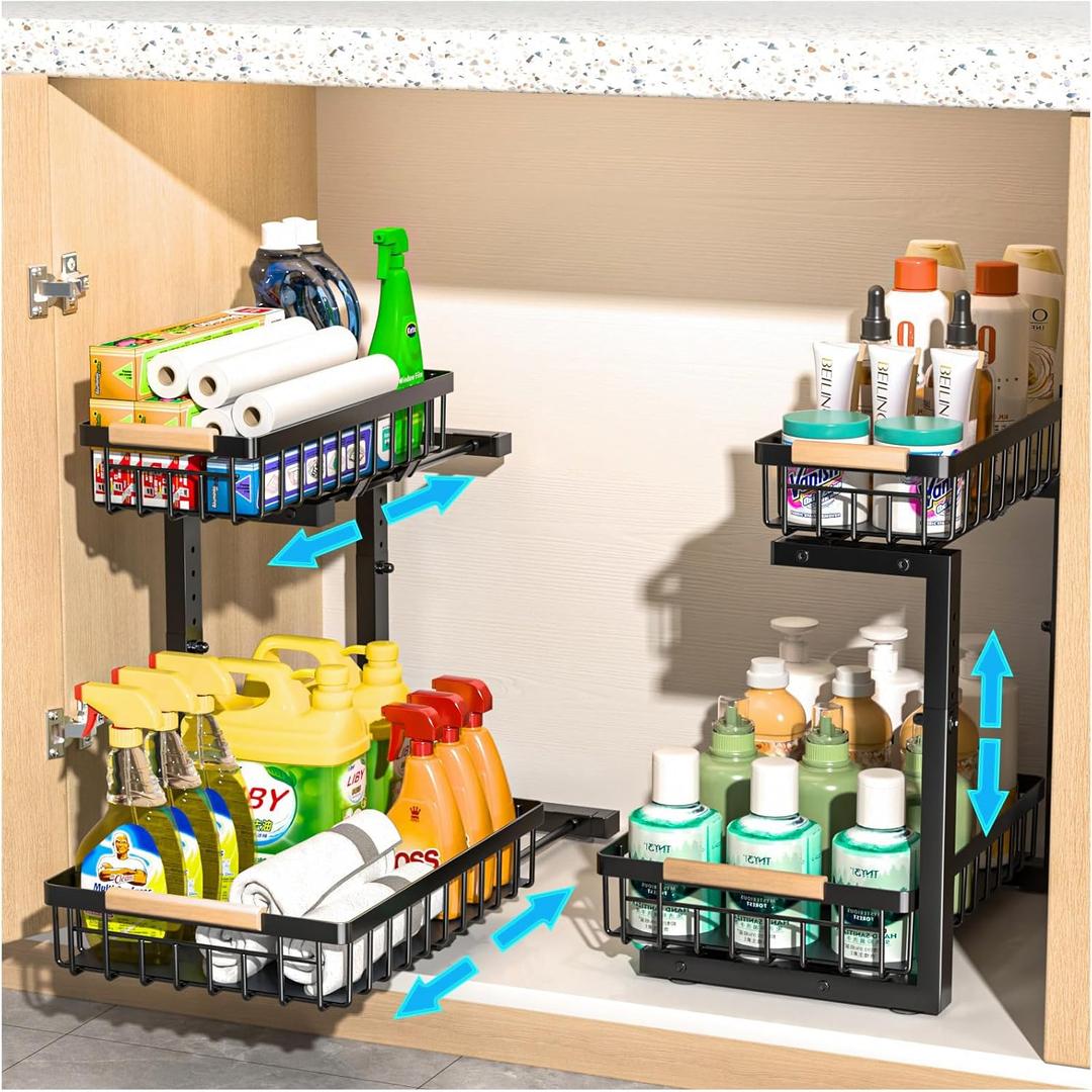 2 Pack L-Shaped Under Sink Organizer,2 Tier Slide Out Sink Shelf Cabinet Storage Shelves, Under Sink Storage for Kitchen Bathroom Cabinet, Pull Out Cabinet Organizer,Black
