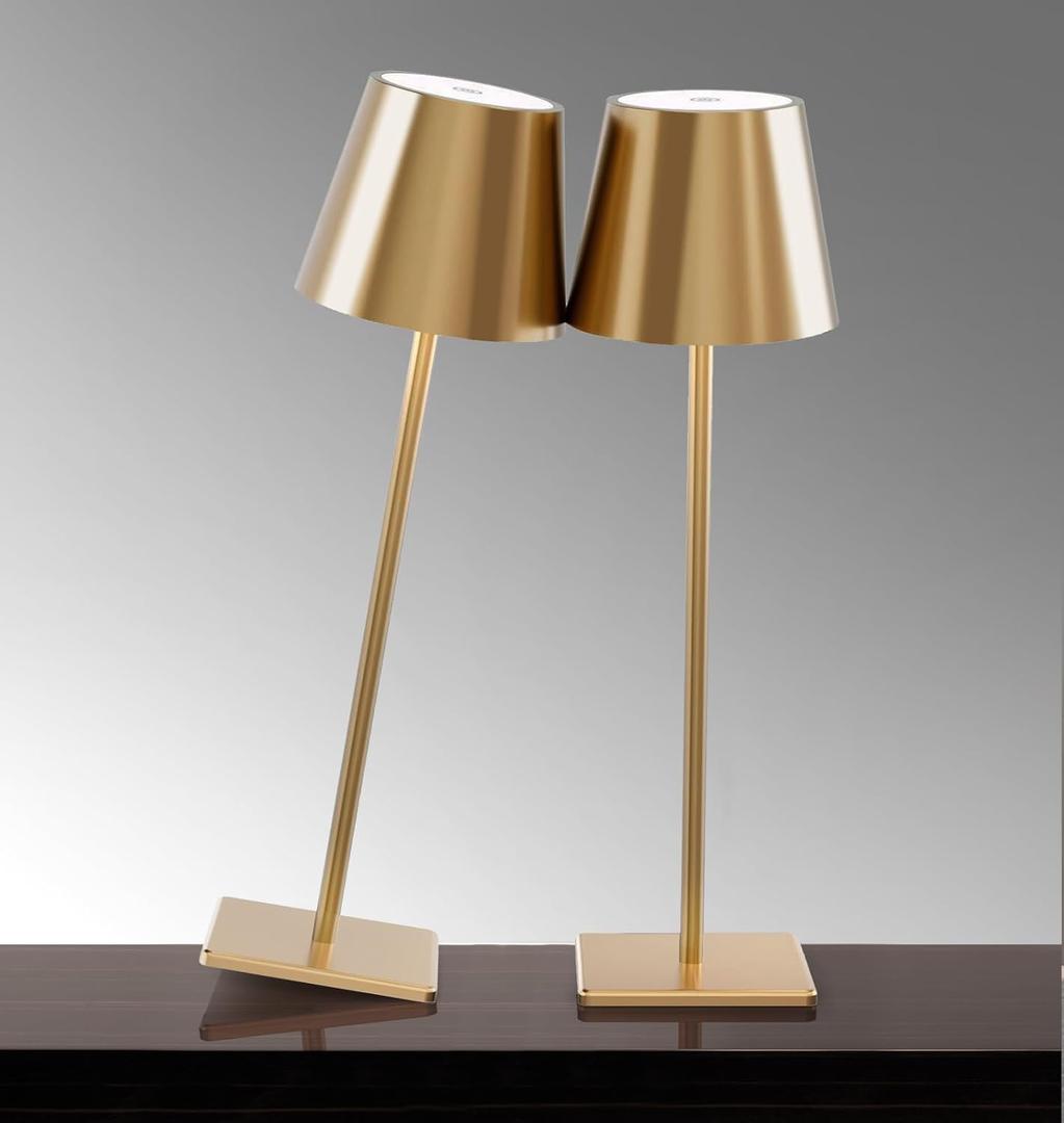 2 Pack Cordless Table lamp, 5200mAh Battery Operated Lamp,3 Color Stepless Dimming Desk Lamp,IP54 Waterproof Outdoor Table Lamps for Restaurant/Bedroom/Bars/Camping/Cafe Night Light (Gold-2)