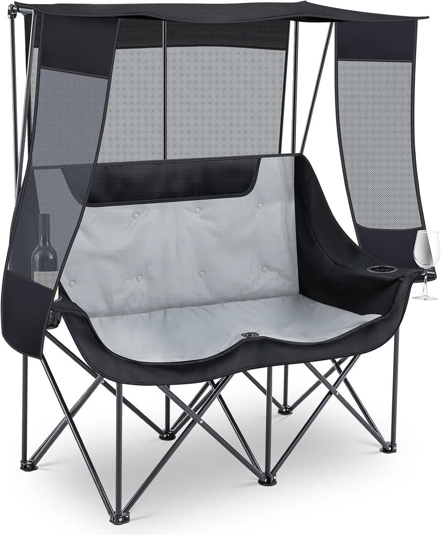 Teenyyou Double Camping Chair with Canopy Shade 660lbs Heavy Duty Beach Chair, Portable Folding 2 Person Camping Loveseat with Cup Holder and Storage Bag for Lawn Beach Outdoor Sport(Black and Grey), 47.2 x 20 inches