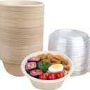 32 oz Round Disposable salad bowls with lids, Sugarcane Fiber Paper Bowls take away food containers Plant Fibers Freezer Safe 50 Pack