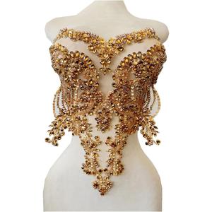 Handmade red/Blue/Gold/Green Rhinestones lace Bodice Applique Sewing Beads Crystal Trim Patches Accessory for Dress Clothes (Light Champagne)