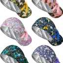 6 Pcs Satin Lined Scrub Caps Women Nurse Surgical Hat with Buttons Ponytail Working Adjustable Shower Caps Tie Back