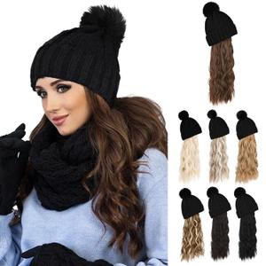 Flufymooz FLmaozi Beanie Wig Hat, Long Wavy Curly Black Hairpiece with Faux Fur Pom, 20 Inch Synthetic Hair for Women Girls Winter (Brown with Medium Auburn)