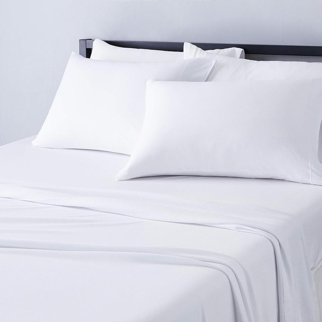 Amazon Basics 4 Piece Bed Sheet Set, 100% Cotton Jersey, Includes Super Soft, Flat and Fitted Sheets, Pillowcase, King, White, Solid