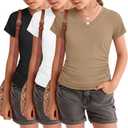 2 x 3 Pack Girls Short Sleeve Shirts Summer Slim Fit V Neck Tops Side Ruched Cute Tees Basic Clothes for Kids 11-12 Years