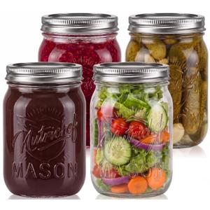 NutriChef 4-Pack 16 oz Mason Jars with Lids - Thick Glass Canning Jars with Stainless Steel Lids - Ideal for DIY Spices, Meal Prep, Overnight Oats, Jelly, Jam, Honey, Candles, Crafts, & More, One Size