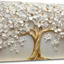 Large Living Tree Room Canvas Wall Art Abstract Tree of Life Decor painting Pictures Nordic Gold White Flowers Poster Prints for Bathroom Bedroom Office Hallway Home Decoration, 48"L x 24"W