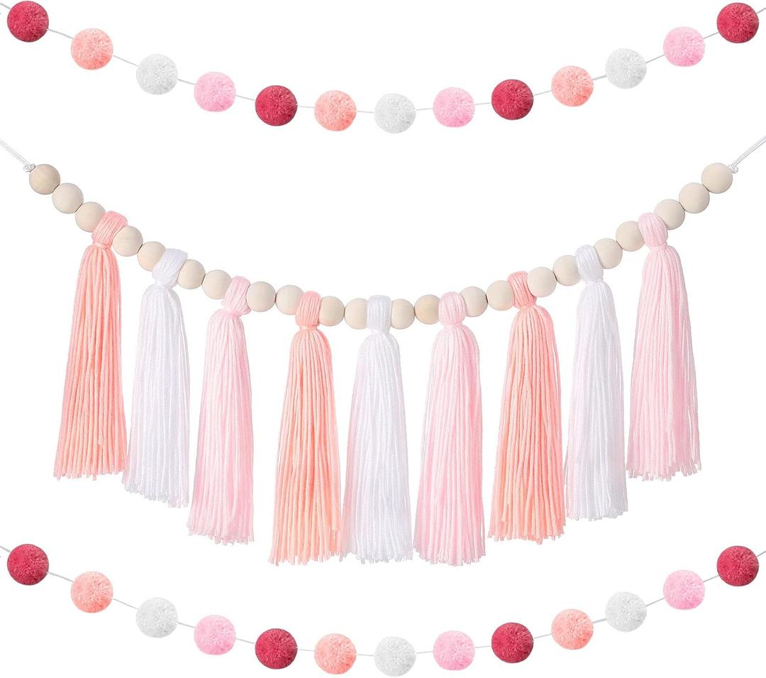 Syhood Boho Tassel Garland With Wood Beads and Western Colorful Pom Pom Ball Decor for Baby Shower, Home Party, Wall Hanging Gifts (Vivid Colors)