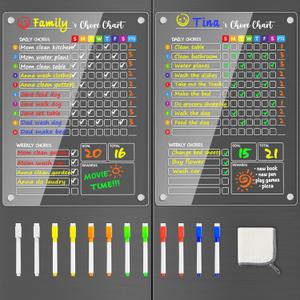 PigPotParty Acrylic Magnetic Chore Chart for Kids, 12"x16" Reward Responsibility Chart, Chores Checklist, 2 Weekly Dry Erase Fridge Board for Teens Adult Family Multiple Kids, w/ 12 Markers & Towel