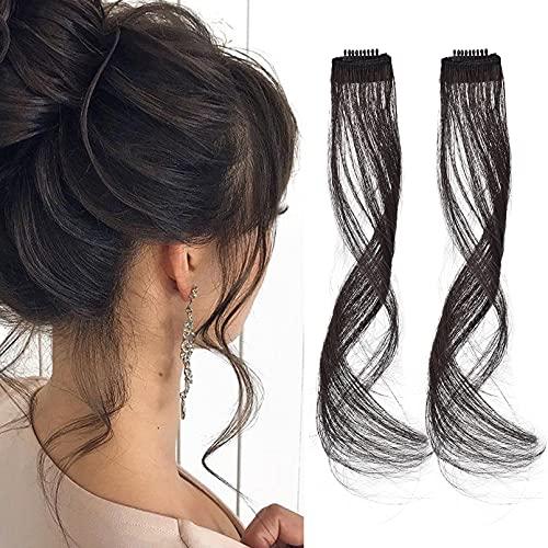 REECHO Long Side Air Bangs - Wavy Curly Clip in Curtain Front Side Bangs, Face-Framing Highlights for Women Daily Use, 2 PCS Set Long Temples - Black Brown