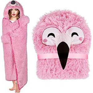Flamingo Wearable Hooded Blanket for Adults - Fluffy Super Soft Shaggy Faux Fur, Fuzzy Warm Cozy Plush Furry Fleece & Sherpa Hoodie Throw Cloak Wrap - Flamingo Gifts for Women Adults and Kids, Pink, Size 52*60 inch