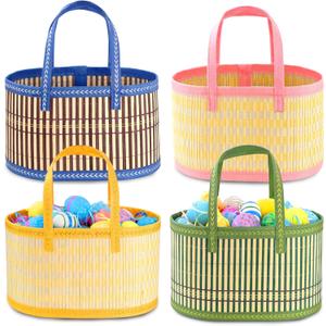 4Pcs Foldable Easter Woven Bamboo Baskets Empty, Oval Easter Basket Bulk Set with Handle, Large Easter Baskets for Easter Egg Hunt Party Favor Picnic Supplies Gift Packing - Pink Yellow Green Blue
