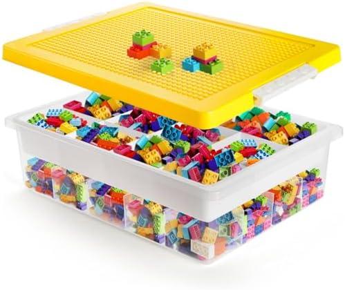 Acshio Toys Organizer Bin, Double Layer Block Storage Container with Building Baseplate Lid Removable Tray, Stackable 30 Compartment Clear Crafts Box for Bead Puzzles Sewing