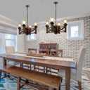 Wood Farmhouse Rustic Chandelier 4 Lights with Glass Shades, 22.8 inches Industrial Dinning Table Pendant Lamp Vintage Edison Hanging Light Fixture, Brown & Black, C0075