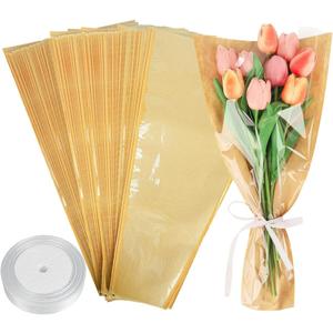 NEUROVYRAL 50 Pcs Flower Bouquet Sleeves Bouquet Wrapping Paper with 1 Ribbon Florist Wrap Supplies Kraft Paper Floral Packing Flower Bags for Wedding Mother's Day Graduation Gift
