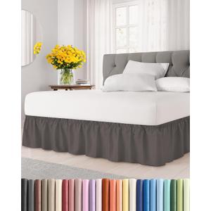 Wrap Around Dust Ruffle Bed Skirt - Dark Grey - for Queen Size Beds with 15 Inch Drop - Elastic Strap - Adjustable Pleated Bedskirt with Brushed Fabric and Wrinkle Free - for Women, Men, Kids & Teens
