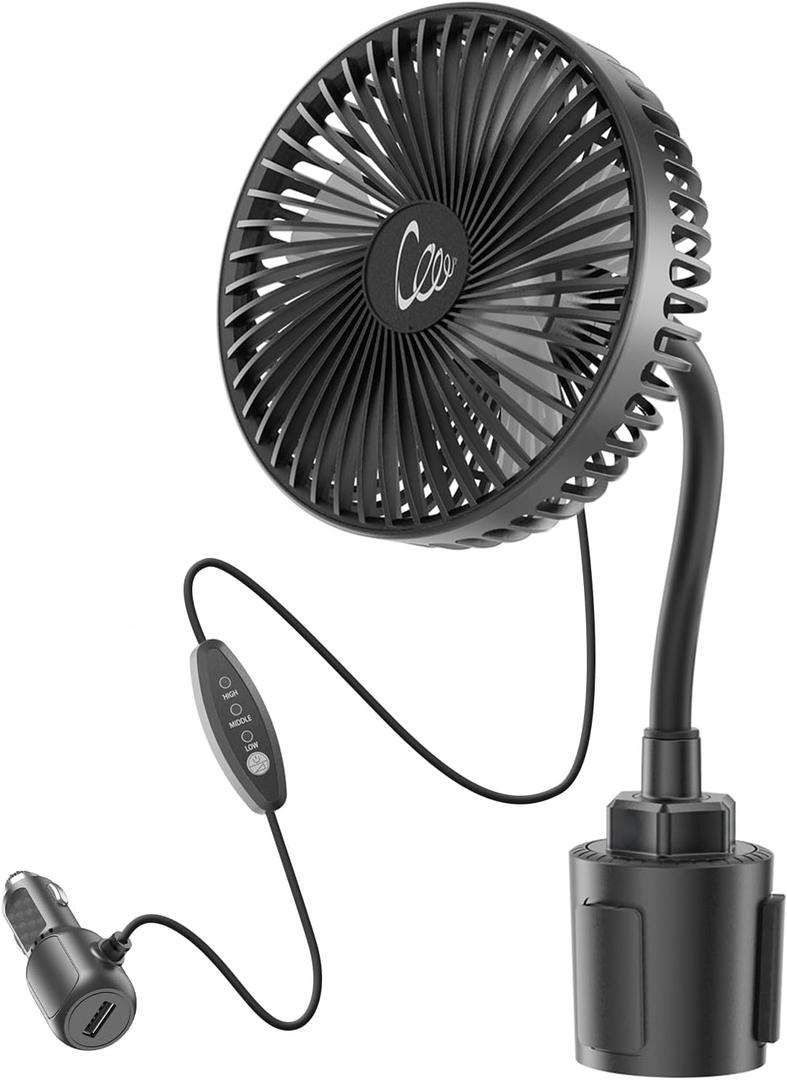 12V Car fan, 3-Speed Portable Vehicle Fan for Front Seat, Cigarette Lighter Powered with Car Charger, Mounted in Cup Holder, 360 Rotation, Car Necessities for Dog/SUV/RV/Truck/Van
