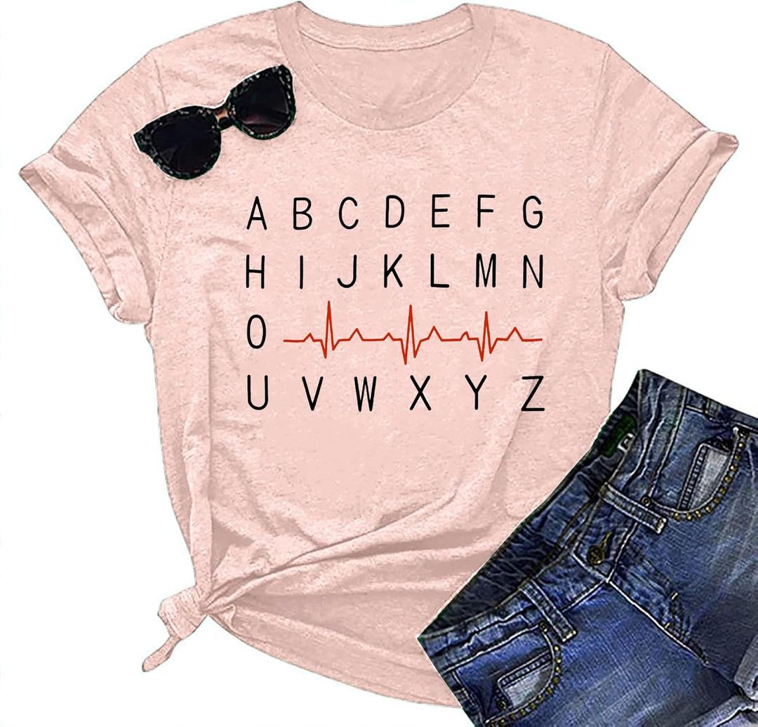 Nurse Shirt Women Nursing Tshirt ABC Alphabet Print Graphic Tee Tops Nursing School Gift T-Shirt Blouse (Pink, XL)