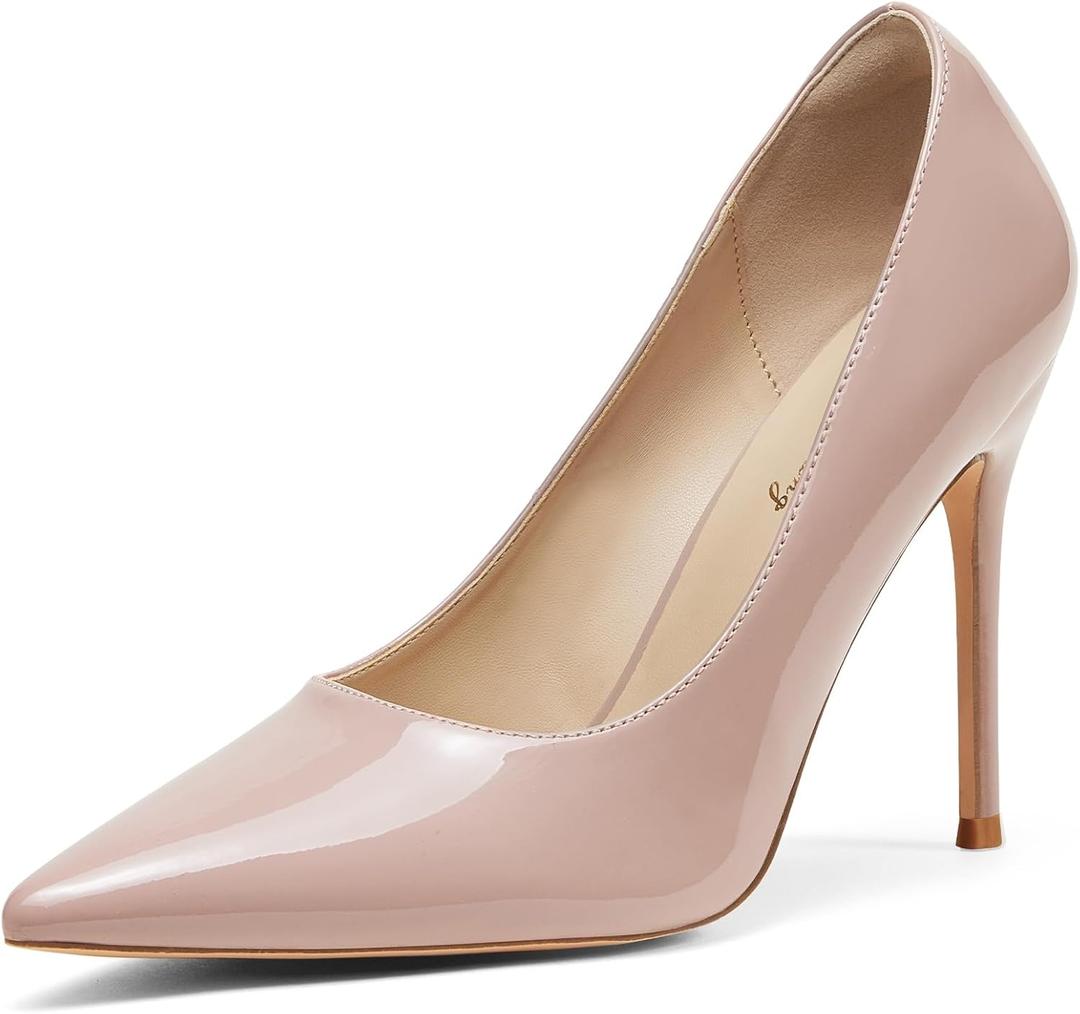 Elisabet Tang Women's High Heels Pumps Closed Pointed Toe Stiletto 4inch Heels Classic Office Special Dressy Wedding Pump Shoes (10, Nude)