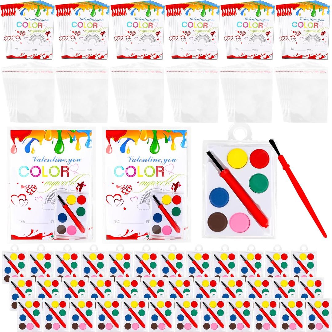 109 Pcs Watercolor Paint Sets for Valentines Day Gifts Includes 36 Valentines Day Cards 36 Watercolor Paint 36 Seal Bags and Paintbrush for Preschool Classroom School Prizes Exchange, 6 Colors