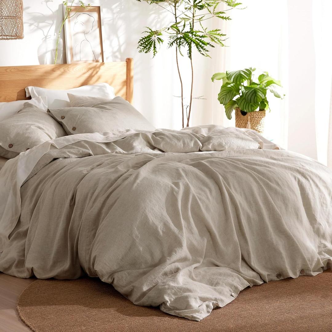 Bedsure Linen Duvet Cover King Size - Linen Cotton Blend Bedding Set, Soft & Cozy, 3 Pieces, 1 Duvet Cover 104x90 Inches and 2 Pillowcases, Natural Color Cooling Bedding, Comforter Sold Separately
