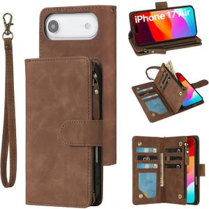 RANYOK Wallet Case Compatible with iPhone 17 Air Case, with 6 Card Holder RFID Blocking, PU Leather Zipper Flip Wallet Pocket, Kickstand, Wrist Strap | Protective Phone Cover for 17 Air, Brown