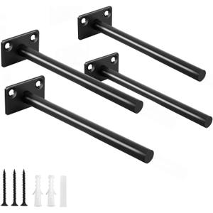 4 Pcs 6" Black Solid Steel Floating Shelf Bracket Blind Shelf Supports - Hidden Brackets for Floating Wood Shelves - Concealed Blind Shelf Support Screws and Wall Plugs Included