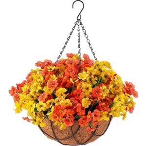 Beeveer Artificial Fall Hanging Flowers Basket for Outdoor Decoration Faux Orchid Arrangement Porch Plants Coconut Lining Basket for Autumn Courtyard Decor(Elegant Color, 1 Pack) (Yellow, Orange)