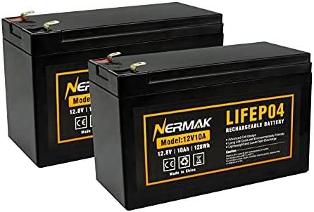 Nermak 2 Pack 12V 10Ah Lithium Ion LiFePO4 Deep Cycle Battery, 2000+ Cycles Rechargeable Battery for Solar/Wind Power, UPS, Scooters, Lighting, Power Wheels, Fish Finder Built-in 10A BMS
