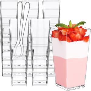 Eupako 3 oz Plastic Dessert Shooter Cups with Spoons, 50 PCS Mini Clear Square Plastic Tumbler Cups, Small Dessert Cup for Jello Shots, Appetizers, Puddings, Mousse, Parfait
