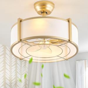 20" Gold Fandelier Ceiling Fans with Lights, Boho Rattan Ceiling Fan with Light Remote Control, Caged Mid-Century Modern with 6 Speeds for Bedroom, Nursery, Living Room