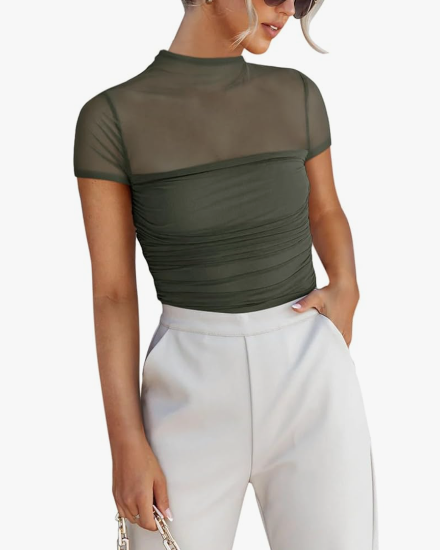 REORIA Women's Sexy Mock Turtle Neck Short Sleeve Shirts Sheer Mesh Ruched Trendy Going Out Bodysuits Tops Size M