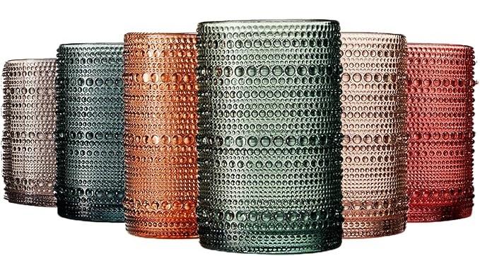 Khen Hobnail Beaded Highball Drinking Tumbler Glasses | Set of 6 | Color, Vintage Bubble Design Whiskey Glassware, Old-Fashioned, Embossed Design for Water, Wine, Cocktail Embossed, Rocks Glass