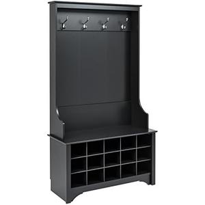 Prepac Entryway Organizer, Coat Rack, Hall Tree features 4 Hooks for Coat Storage, & Hanging Bags; Furniture for Entryway with Bench & 15 Cubbies for Shoe Storage, 38” W x 68” H x 15.5” D, Black