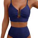 Herseas Womens Sexy U Wired Ruched Push Up 2 Piece Bikini Tummy Control High Waisted Cutout Adjustable Straps Swim Suits Navy Blue Medium