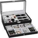 TomCare Watch Box Watch Case Jewelry Organizer Holder Jewelry Display Box Case Sunglasses Storage Organizer Lockable with Glass Top and PU Leather for Men Women, Black