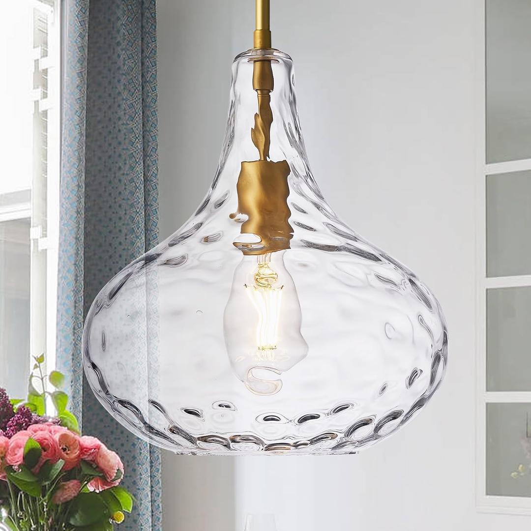 11" Hand-Blown Clear Glass Pendant Light with Hammered Texture, Gold Finish Adjustable Hanging Light Fixture for Kitchen Island, Dining Room, Hallway, Living Room