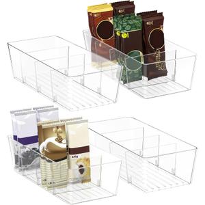 BALEINE Pantry Organizers and Storage Bins, Plastic Clear Storage Bins with 3 Removable Dividers, BPA-Free Fridge Organizers for Kitchen Cabinet Bathroom (10.5x6.1x3.5, 4PK)