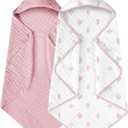 Yoofoss Hooded Baby Towels for Newborn 2 Pack 100% Muslin Organic Cotton Baby Bath Towel with Hood for Babies, Infant, Toddler and Kids, 32x32Inch, Soft and Absorbent Newborn Essential,Pink&Wh Leaf