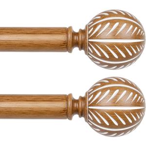KAMANINA 2 Pack Wood Curtain Rods for Windows 48 to 84 Inch(4-7ft), 1 Inch Adjustable Drapery Rod, Decorative Heavy Duty Curtain Rods with Leaf Pattern Finials, Wood Grain