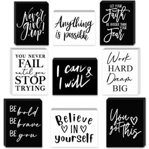 Yulejo 9 Pcs Mini Inspirational Wooden Signs Office Desk Decor Valentines Day Gifts Positive Motivational Quotes Table Decor Bathroom Shelf Cheer up (3.5 x 2.5 x 0.47 Inch, Black, White)