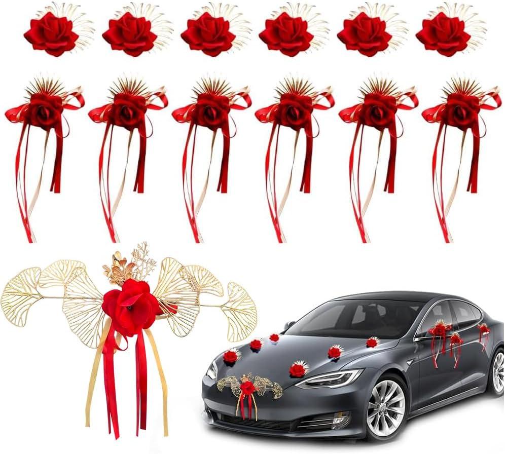 13Pcs Car Decorations Set with Suction Cups - Wedding Party Flower Kit - Artificial Rose Flowers for Car Decor