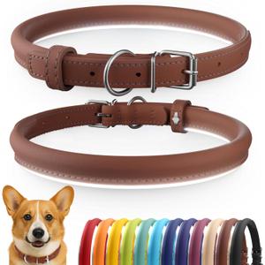 CollarDirect Rolled Leather Dog Collar, Soft Padded Round Puppy Collar, Handmade Genuine Leather Collar Dog Small Large Cat Collars 13 Colors (11-14 Inch, Cinnamon Smooth) (Brown)