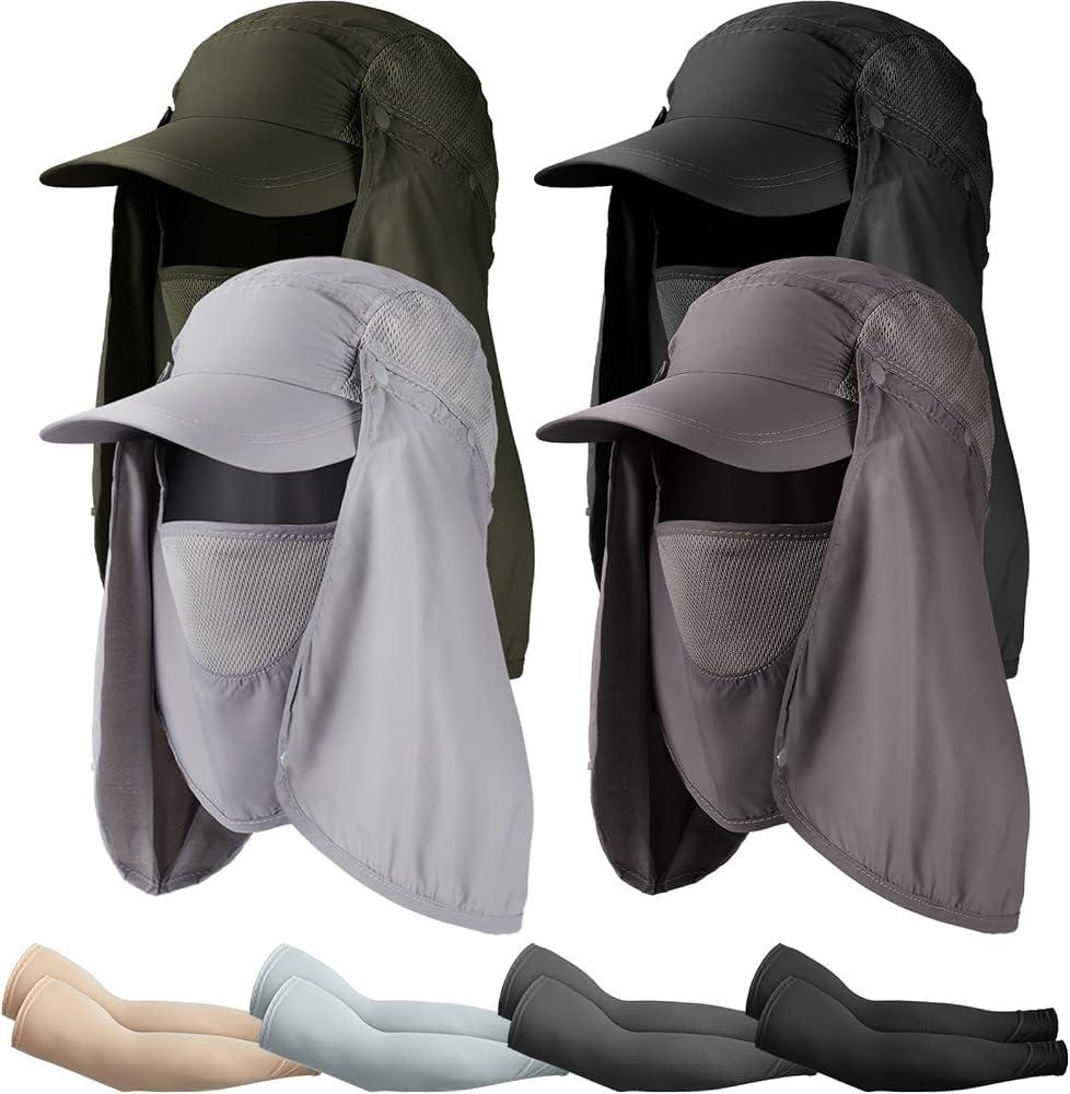 4 Pair Sun Hat Fishing Hats UPF 50+ Outdoor Hiking Hat UV Sun Protection Hat with Neck Flap Face Mask and 4 Pack Arm Sleeves for Men Women (Black, Dark Gray, Light Gray, Army Green)