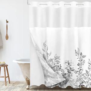 Tititex No Hooks Snap in Liner Grey Eucalyptus Leaves Shower Curtain Sets, Hotel Luxury Double Layers Waterproof Fabric & See-Through Top Window Bathroom Decorative 72x78 Inch