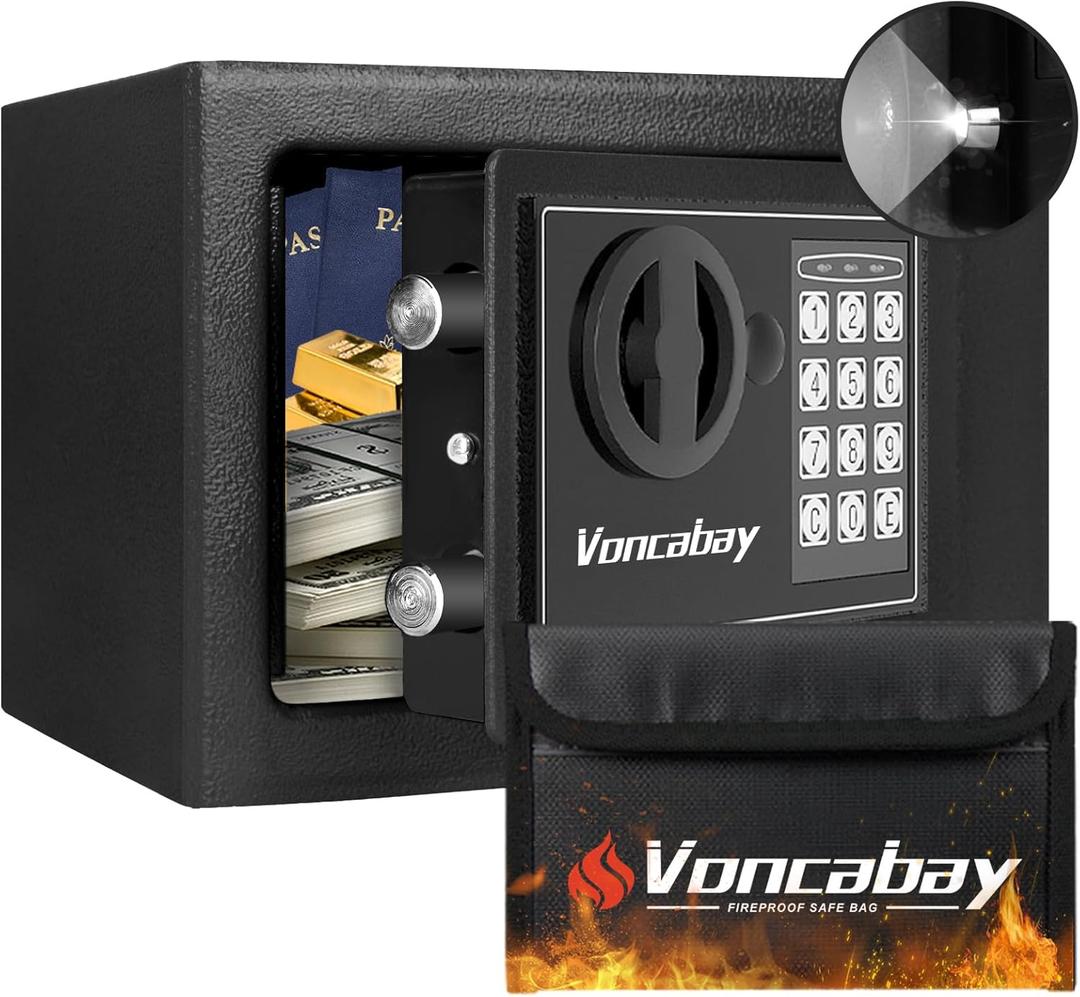 Voncabay Money Safe Box for Home with Sensor Light & Fireproof Money Bag - 0.23 Cubic Feet Security Safe Box with Digital Keypad, Keys & Pass Code Lock Black