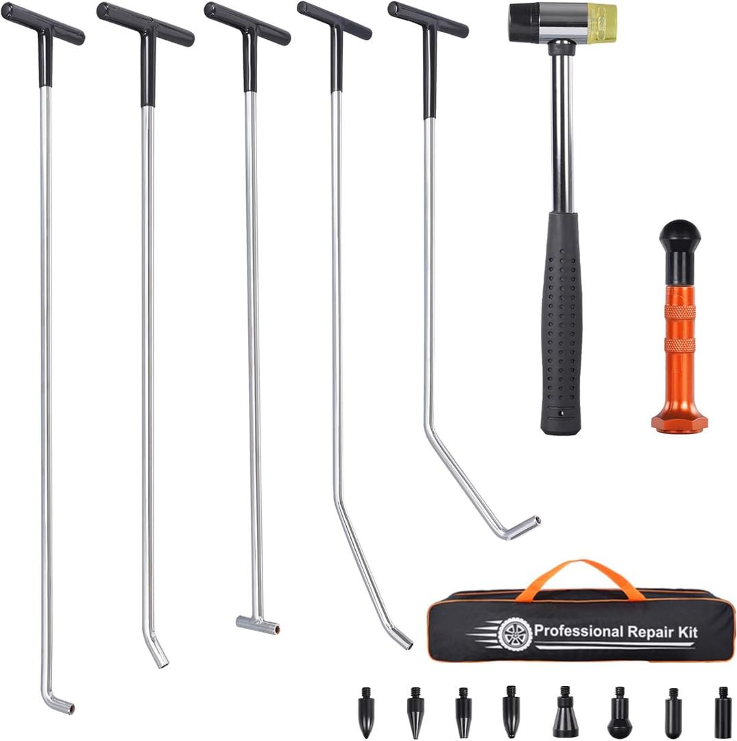 Dent Repair Rods 16PCS Dent Removal Kit, Features Stainless Steel Dent Removal Rods, A Rubber Hammer, and 9 Replaceable Taper Heads,Ideal for Car Dent Repair